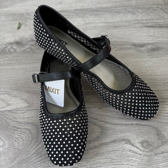 Mixit Mary Jane Ballet Flats Sz 7.5 Shoes Dazzling Stud Rhinestones Square Toe - Picture 12 of 15